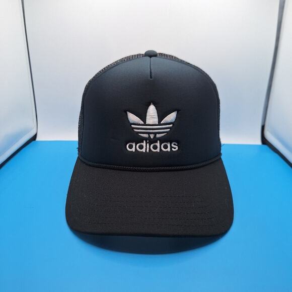 Adidas Trefoil Trucker Adjustable Strapback Women's Hat Cap Black Mesh Back - Picture 1 of 7